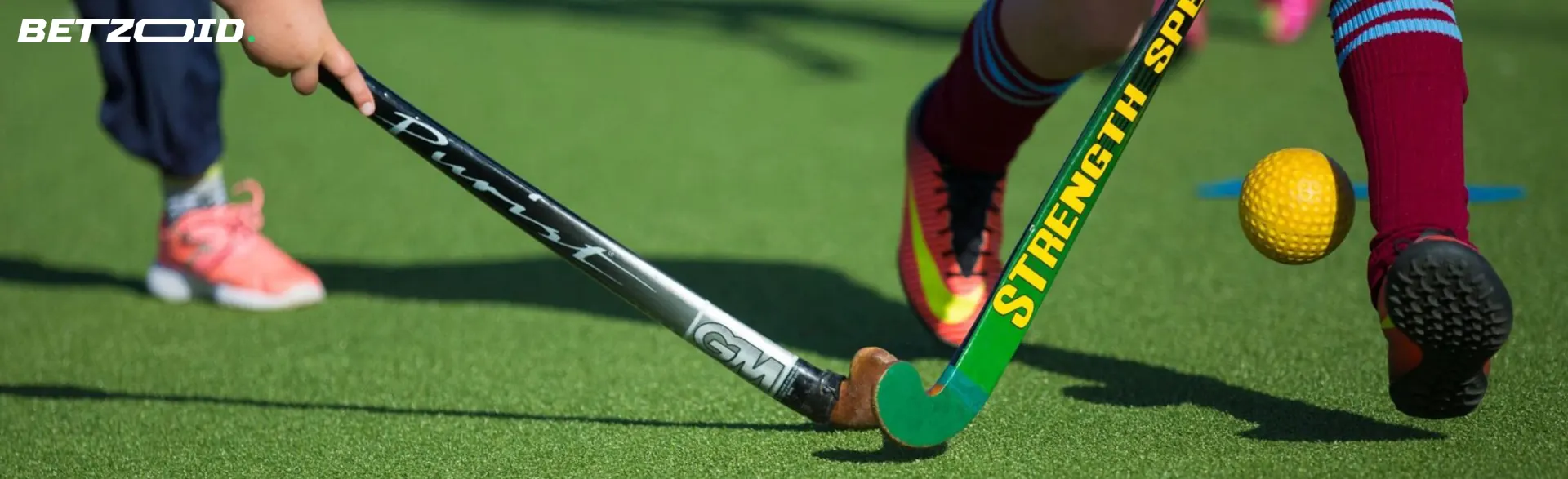 Hockeyers vechten om de bal.