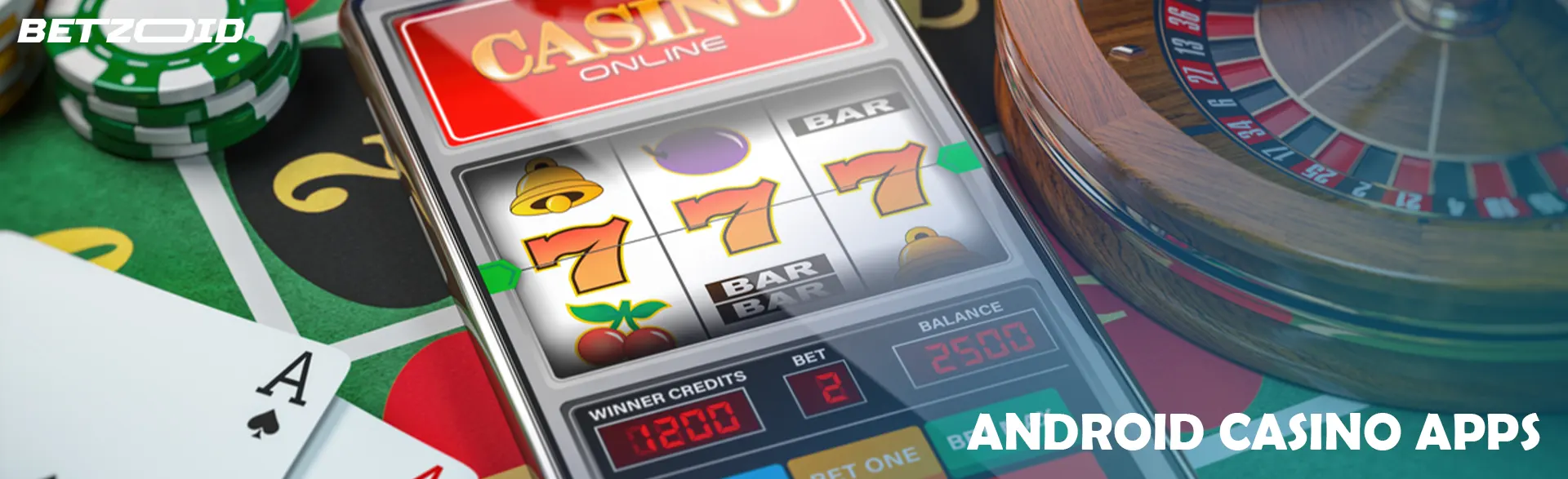 Online casino mobile app next to chips, cards and roulette.
