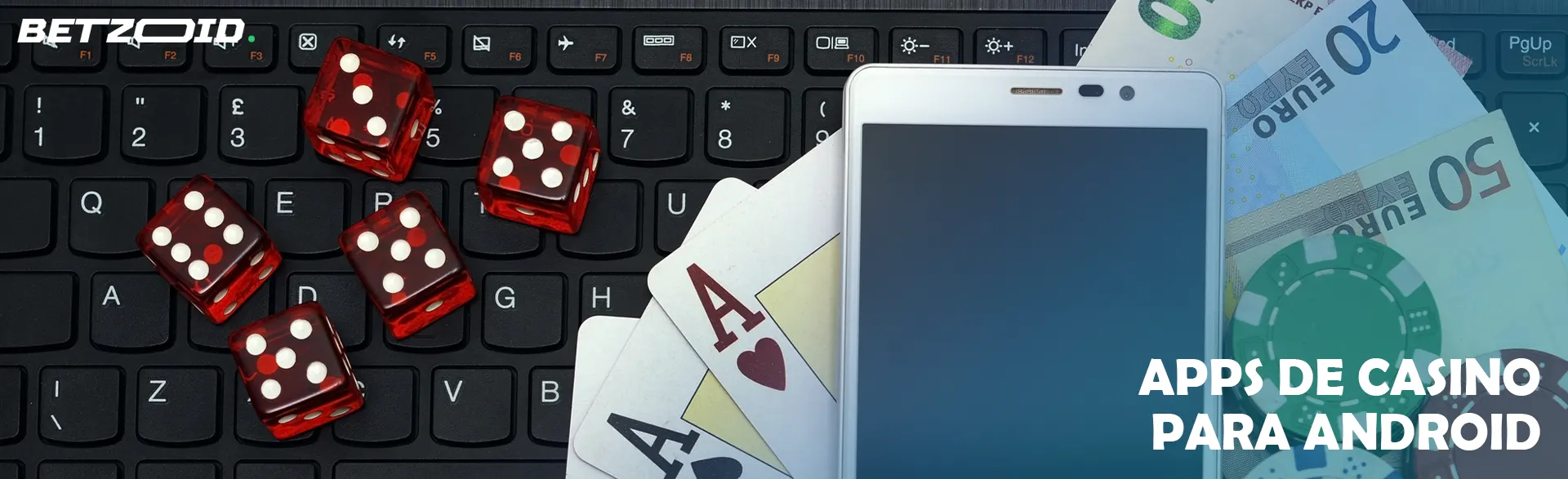 Jogar aos dados, smartphone e dinheiro estão no teclado.