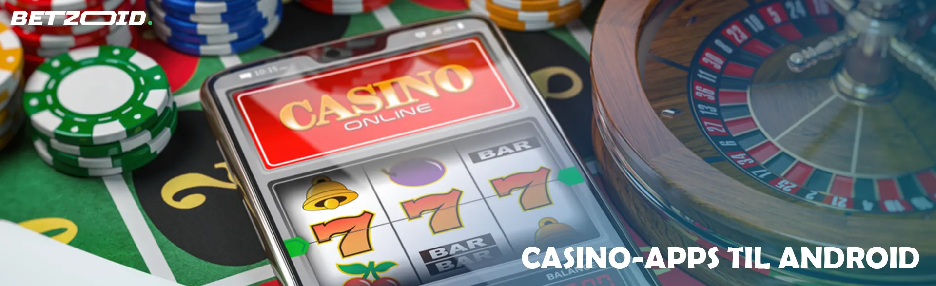 Roulette, jetoner og kort omgiver en smartphone med onlinekasino.