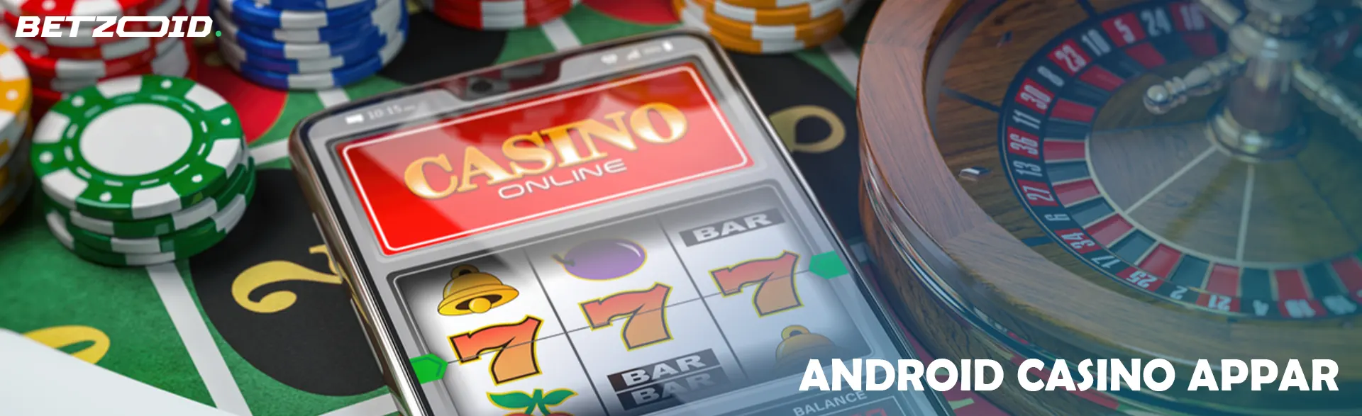 Smartphone med online casino omgivet av marker och roulette.