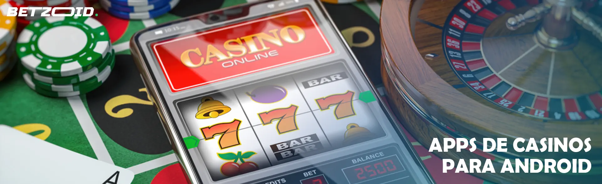 Teléfono inteligente con casino en línea rodeado de fichas de casino, cartas y ruleta.