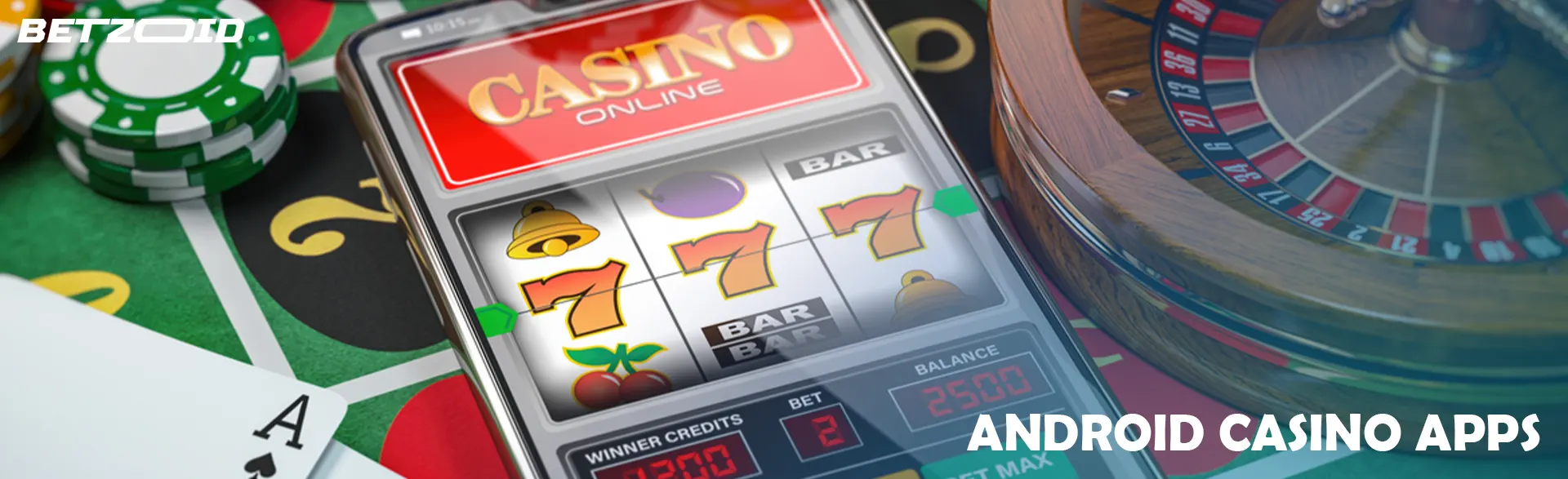 Online casino on smartphone with cards, casino chips and roulette.