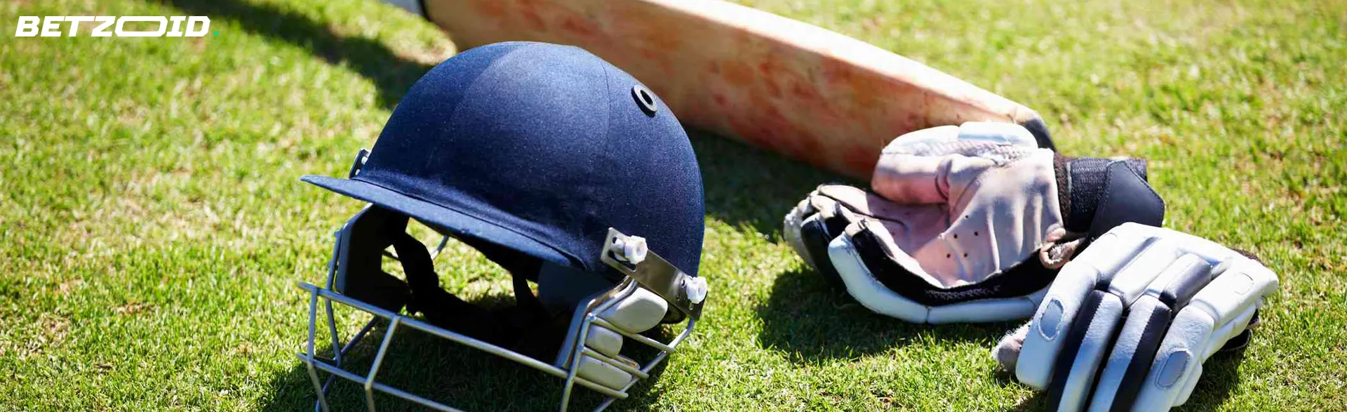 Cricket equipment lies on the grass.