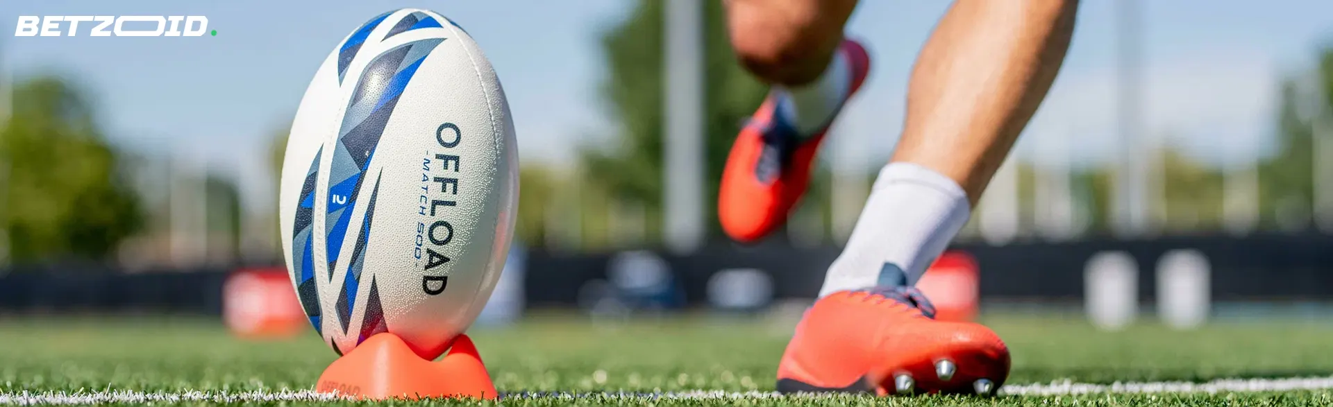 Rugby ball on the stand before the kick.