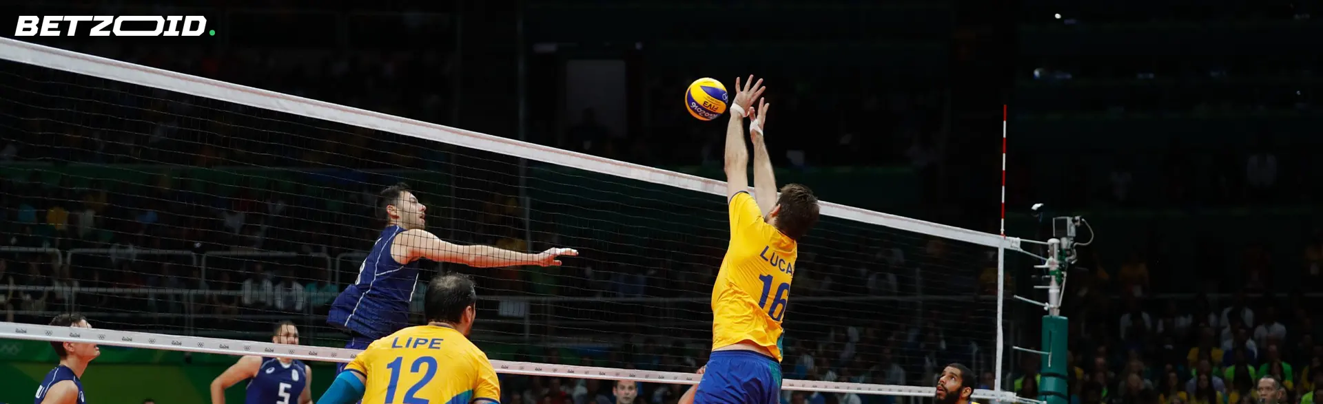 Volleyball players in action during a match.