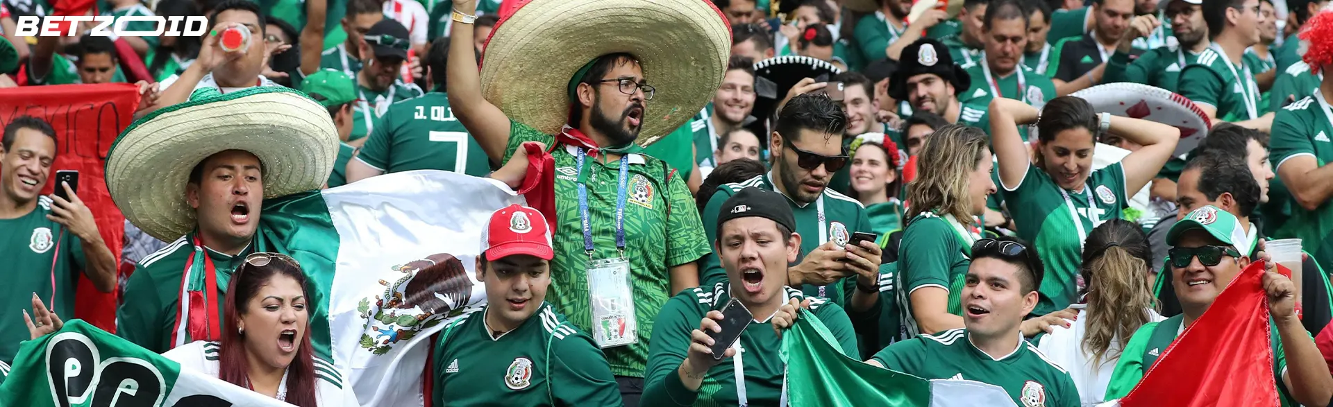 Los fanáticos de la selección de México celebran en el estadio.