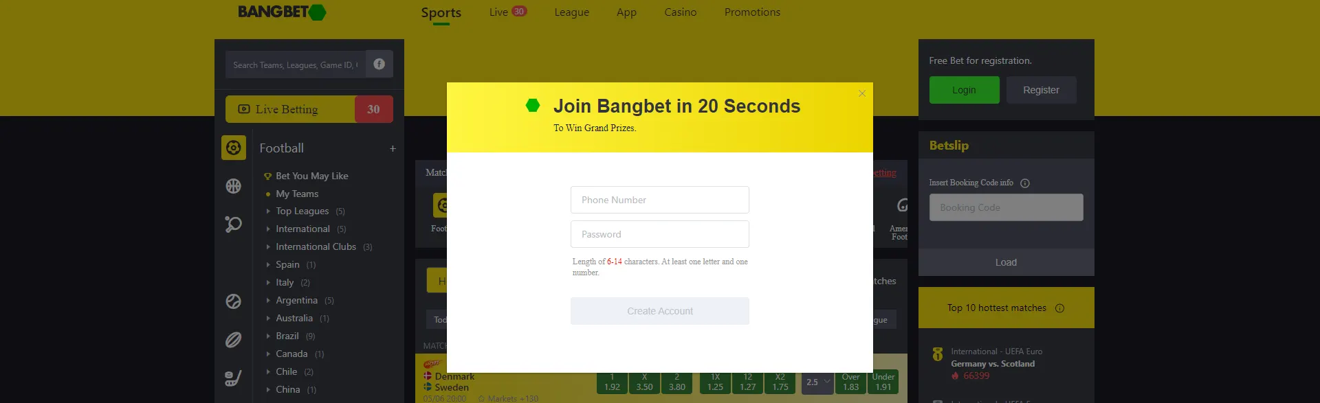 Registration form on the Bangbet betting site.