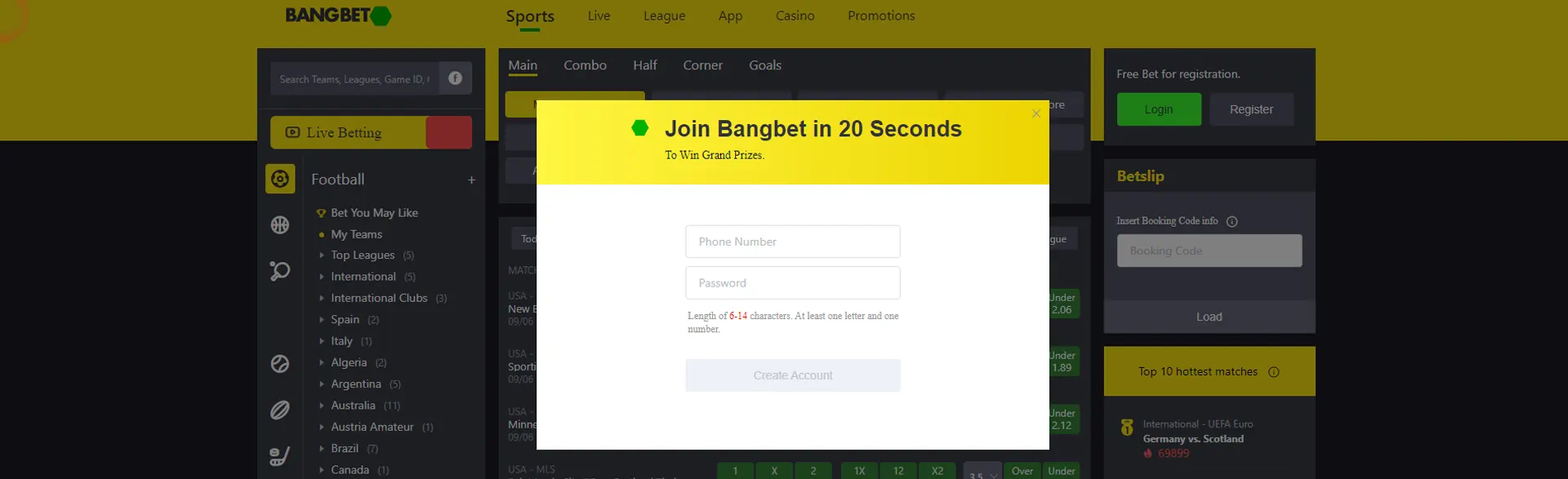Registration form on Bangbet.