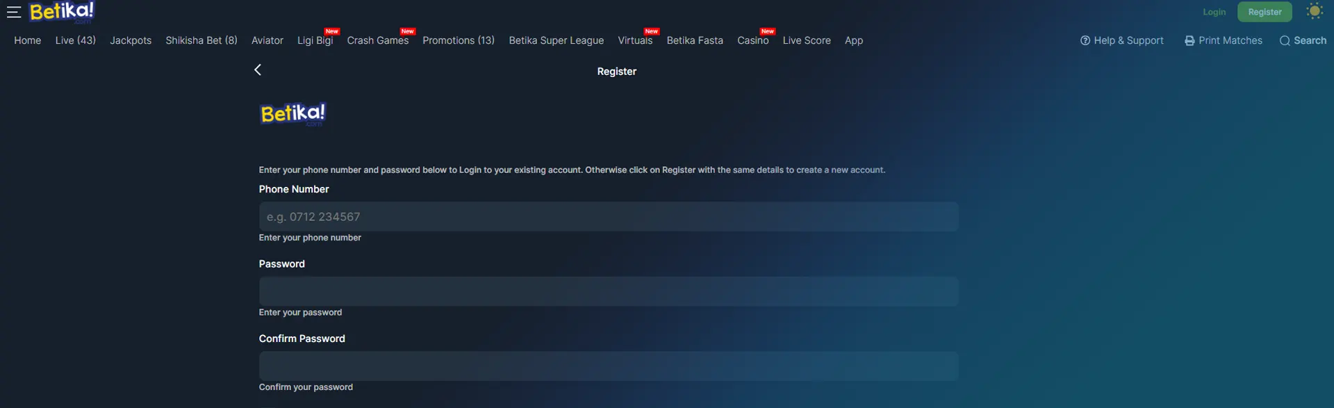 Registration field for the Betika betting site.