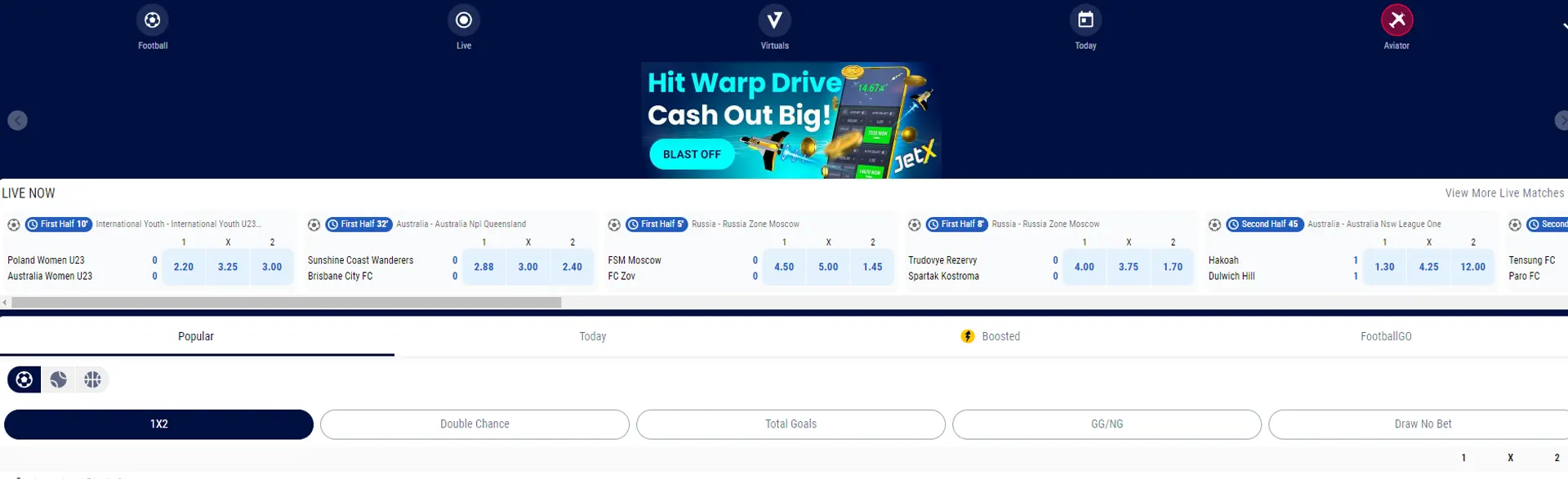 Page with live betting on football on BetKing.