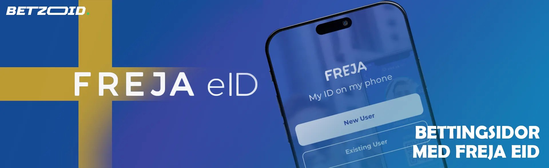 Smartphone med Freja eID-appen mot bakgrund av den svenska flaggan.