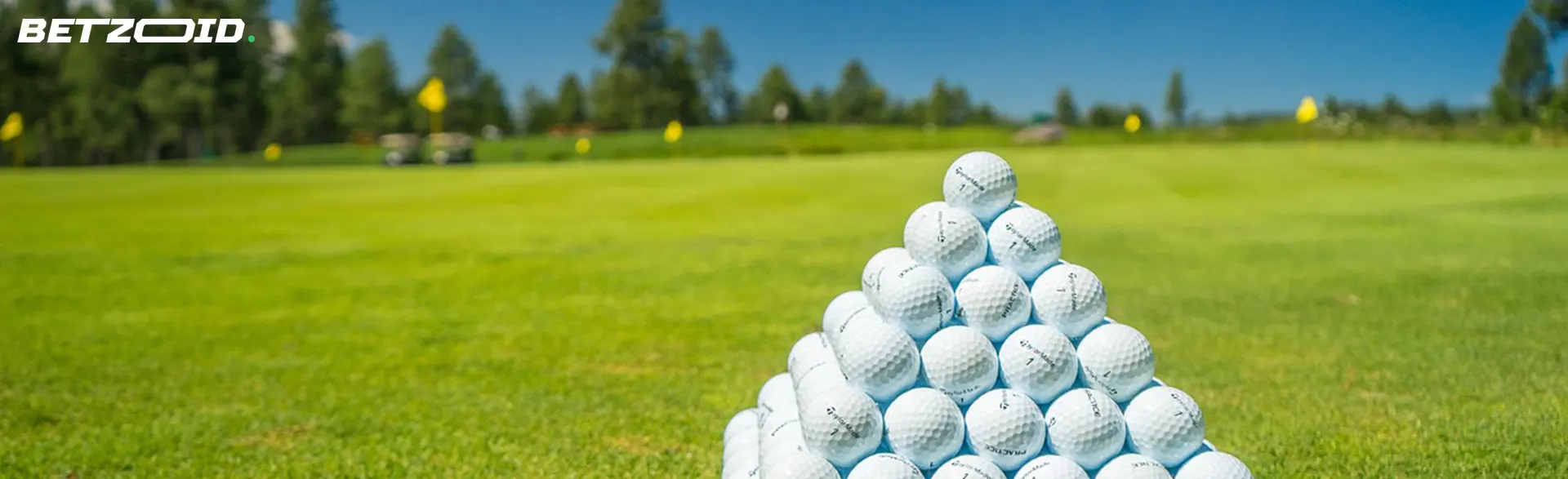 Pyramid of white golf balls on a lush green golf course.