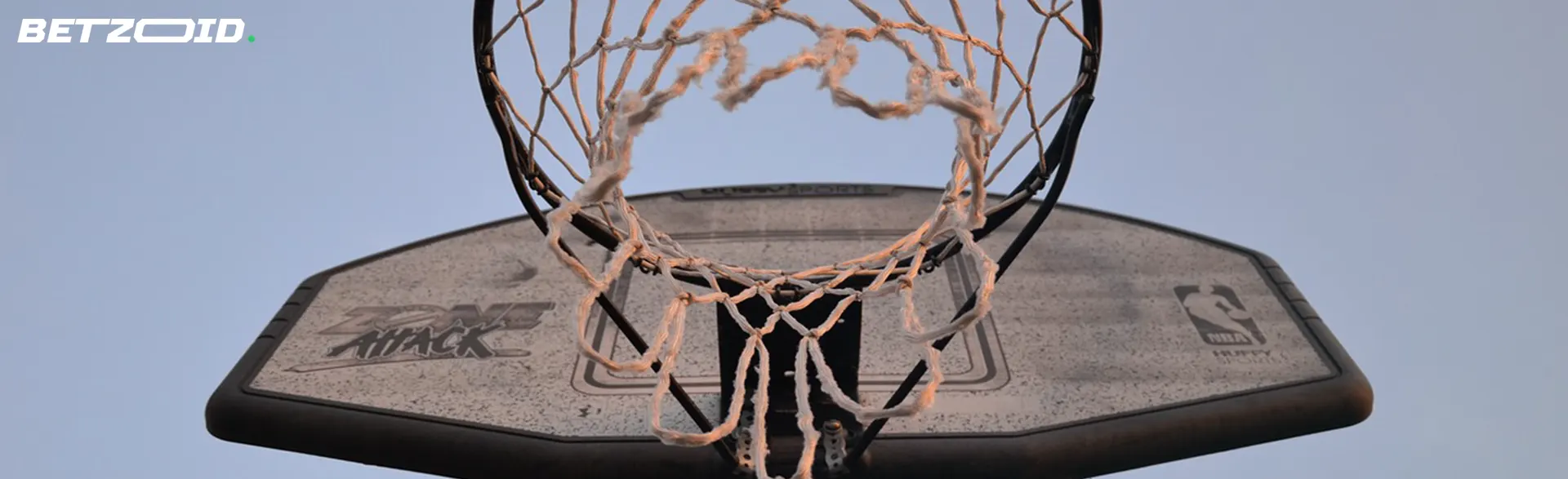 Basketball hoop viewed from below against a clear sky.