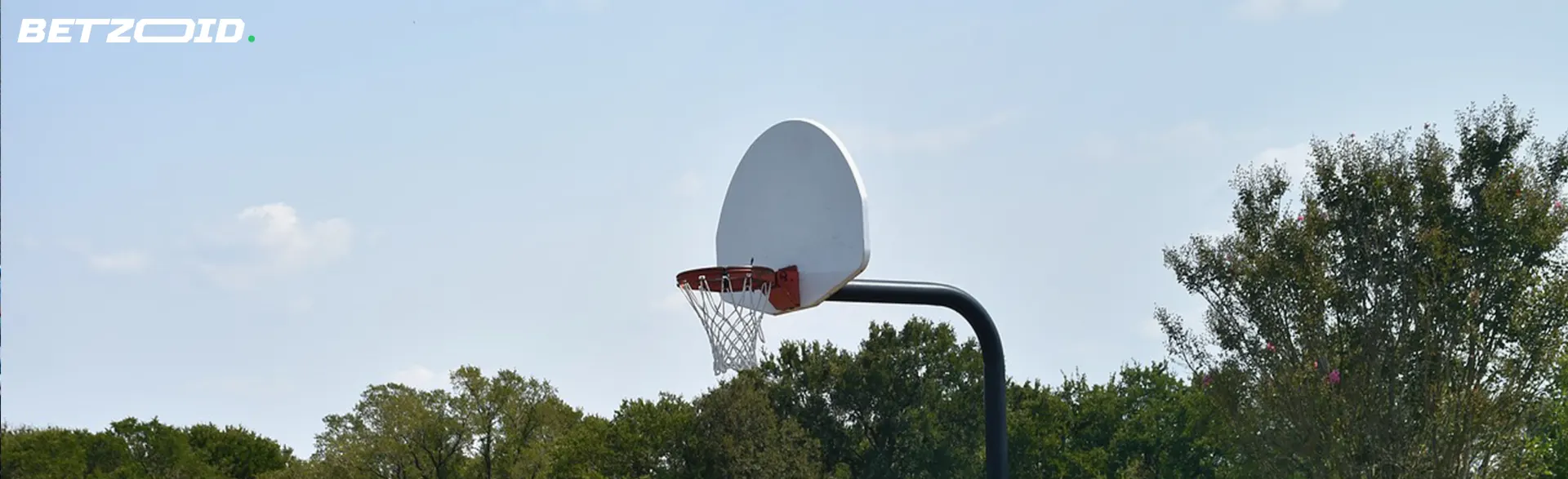 A basketball hoop and backboard outdoors against a clear sky and tree line.