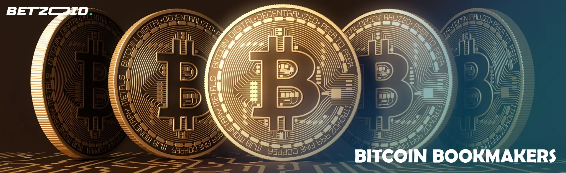 Several bitcoin coins stand in a row.