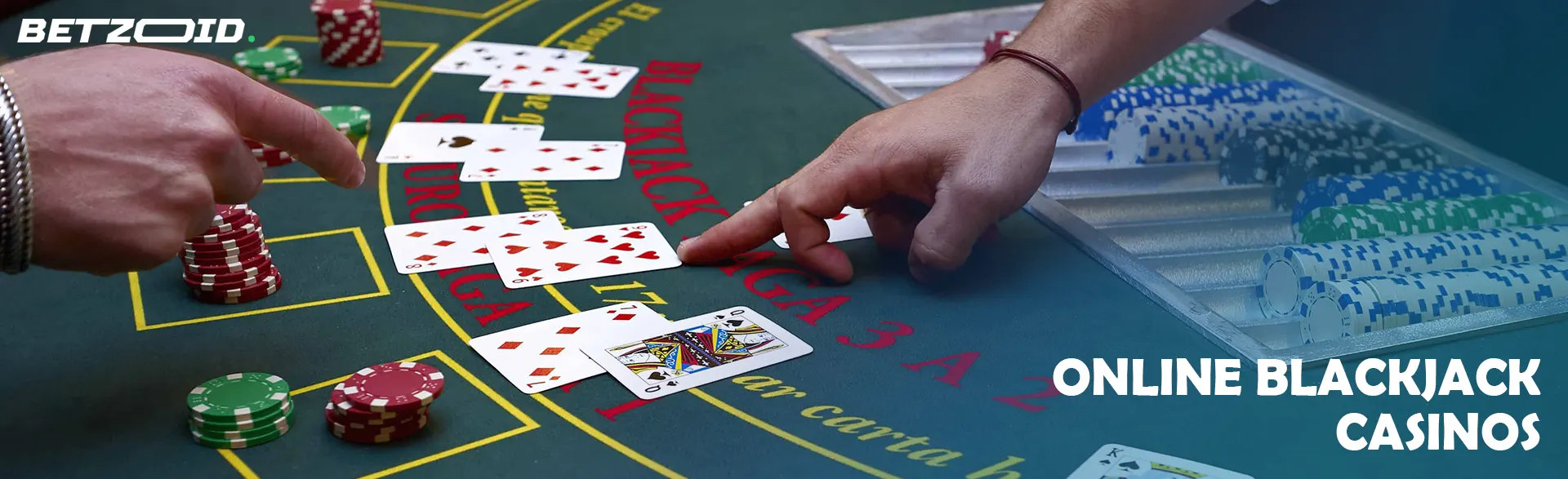The player points to the casino table with cards and chips.