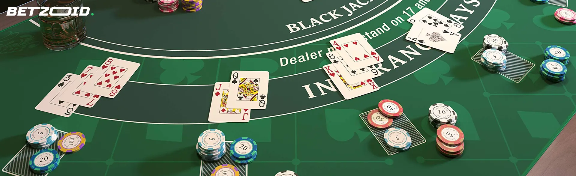 Cards and chips on the blackjack table.