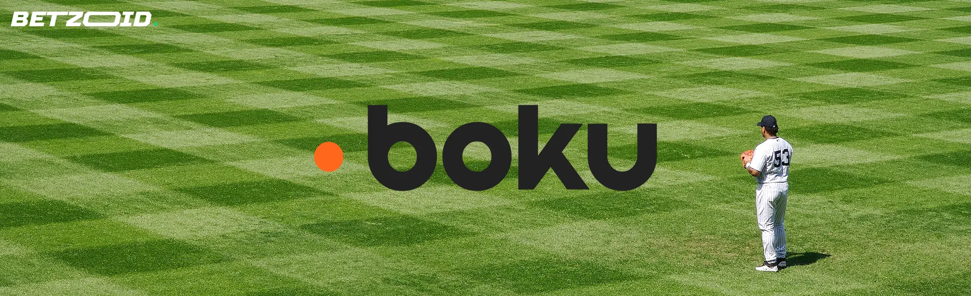 Boku logo on the background of a baseball player standing on an empty field.