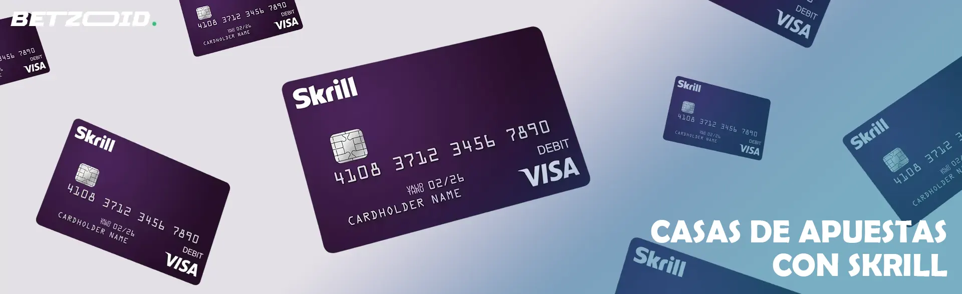 Varias cartas de Skrill sobre un fondo claro.