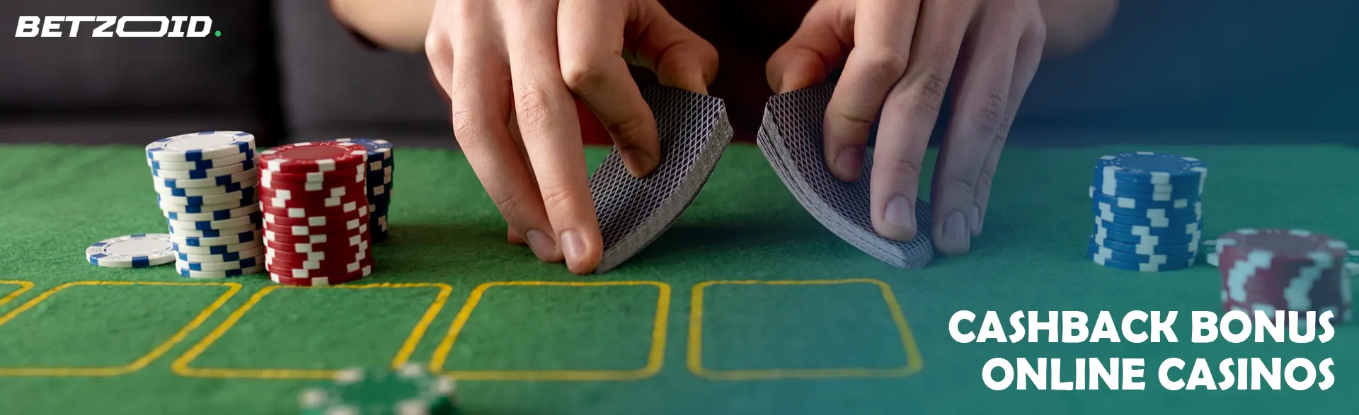 The player shuffles the cards on the table next to the casino chips.