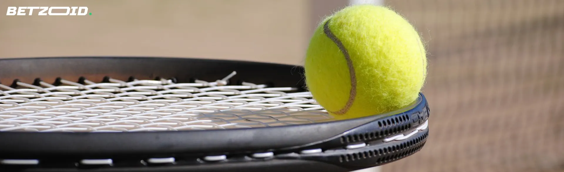 Close-up of a tennis ball resting on a racket.
