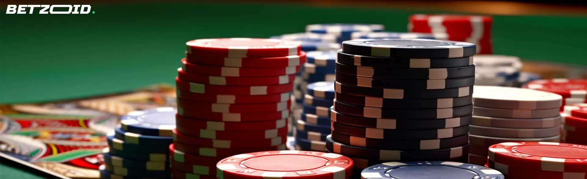 Stacks of poker chips on a casino table, representing the gaming options available in casinos in Newfoundland and Labrador.