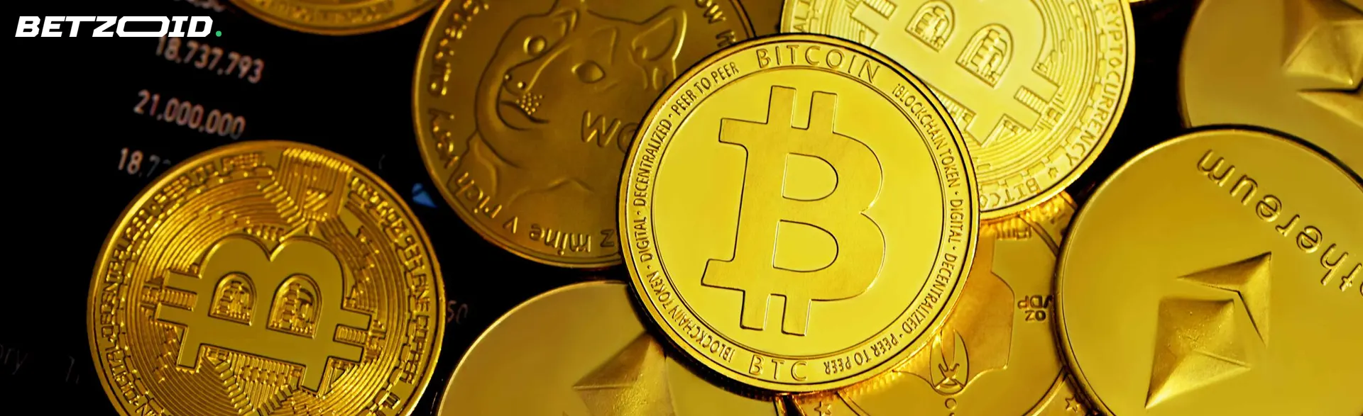 Coins of different cryptocurrencies.