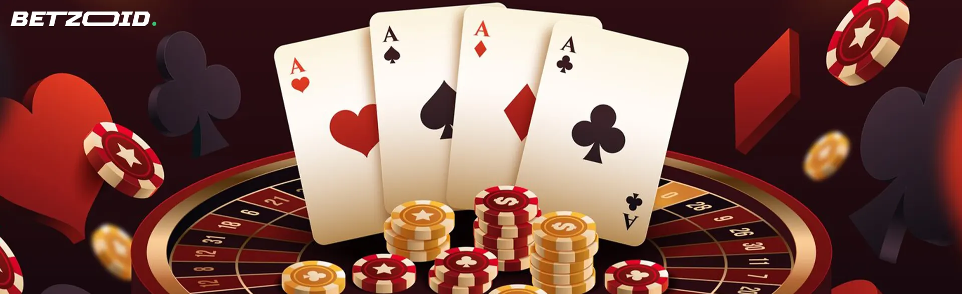 Carte da gioco con assi e fiches sulla roulette casino con deposito 2€.