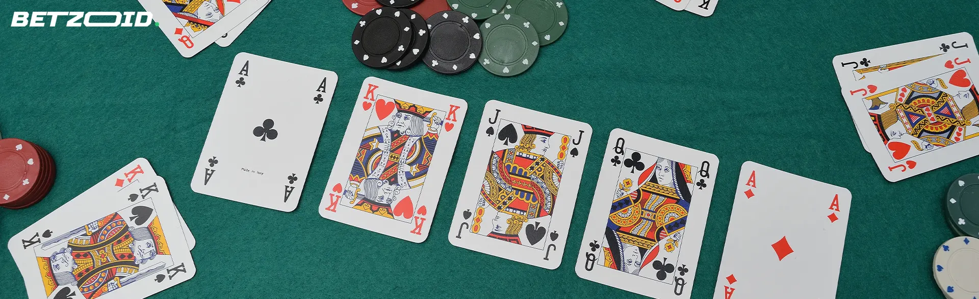 Karty obok żetonów kasynowych.