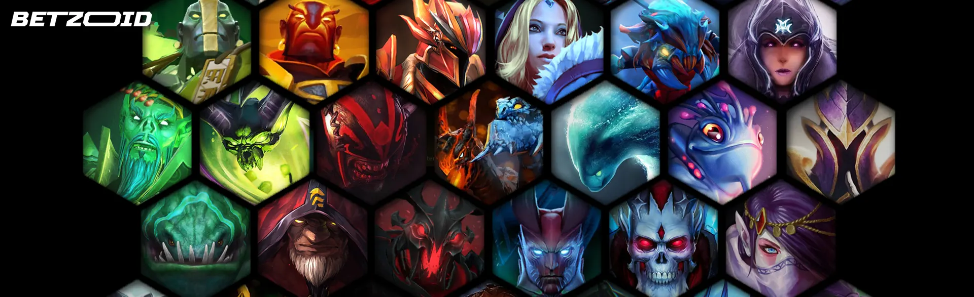 Mosaico hexagonal de imagens de heróis do Dota 2.