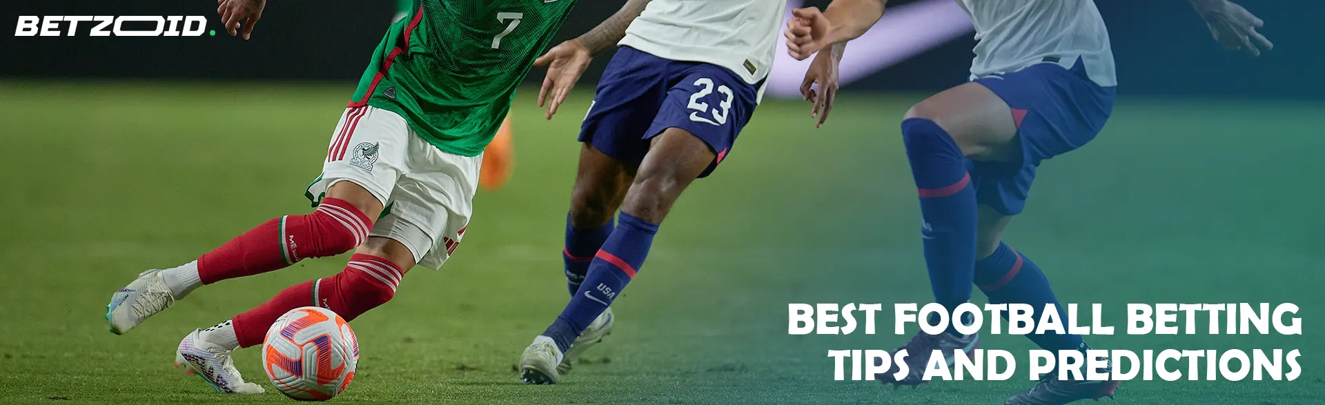 Three players compete for the ball.