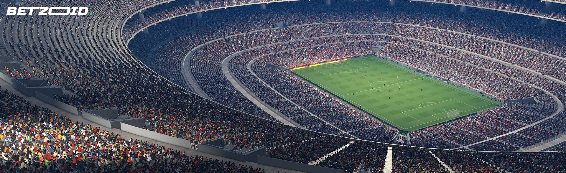 A full stadium with a football match.