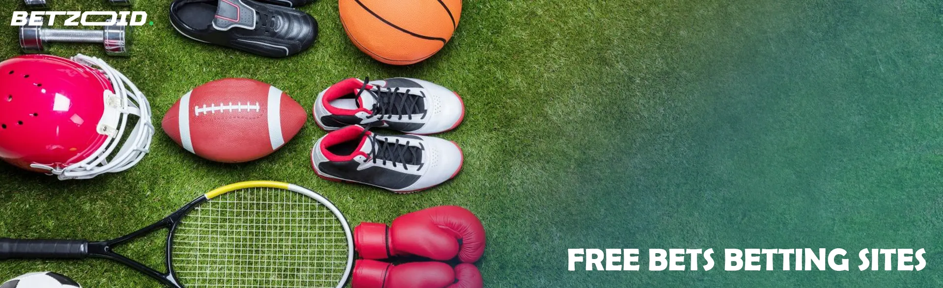 Different sports equipment lies on the grass.