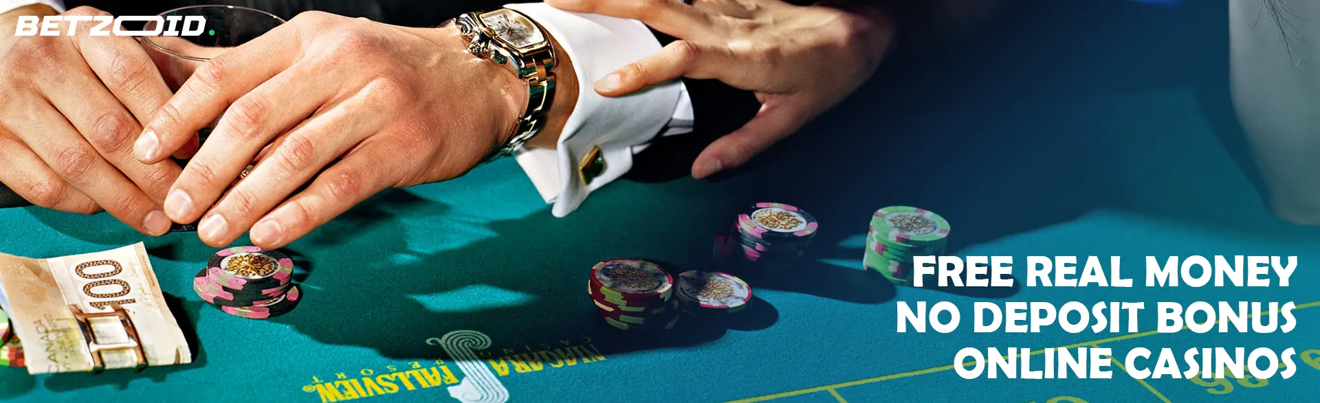 Player at casino table with chips and money.