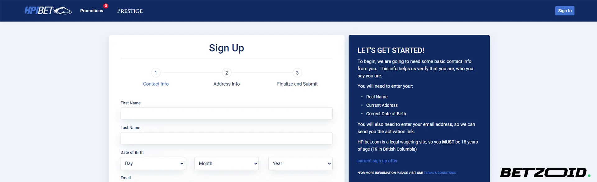 HPIbet sportsbook review of sign up process.