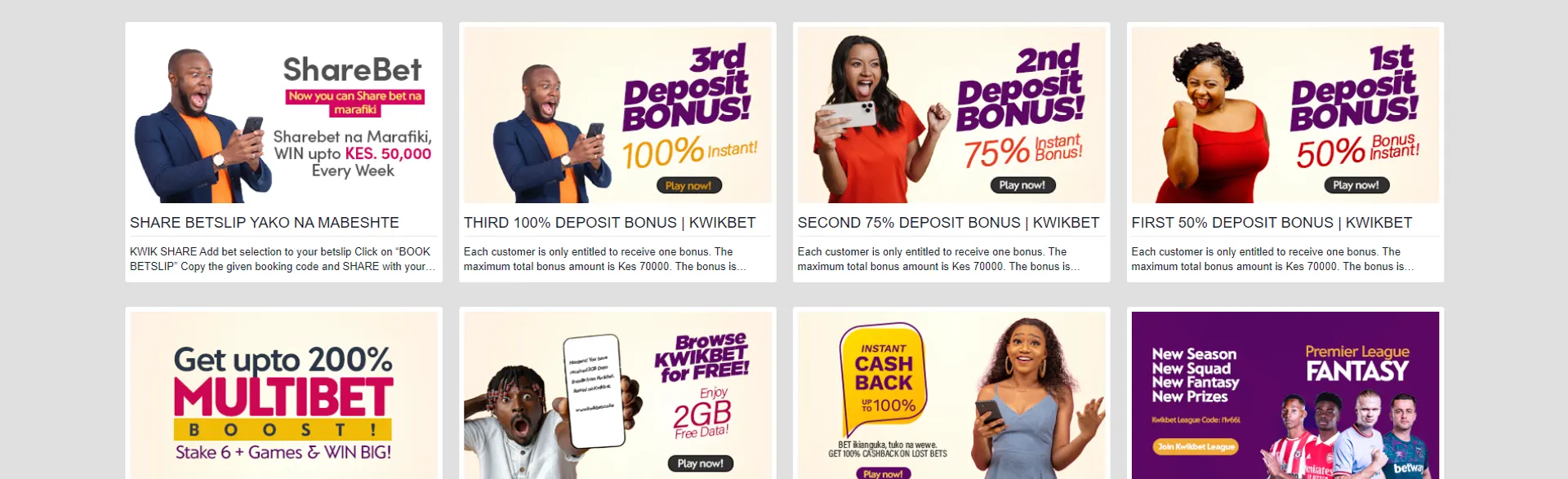 Variety of bonus offers on the KwikBet betting site.