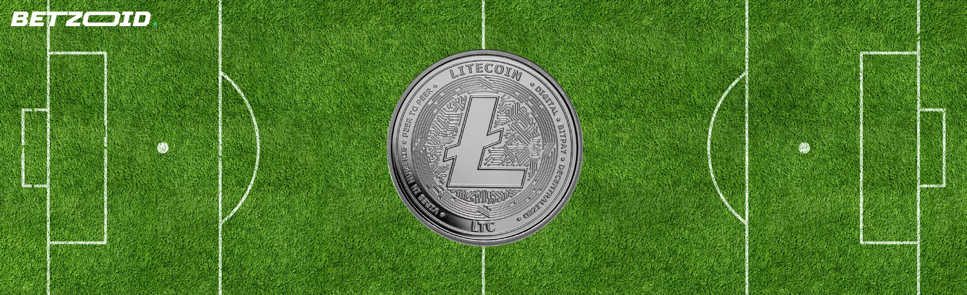 Κέρμα Litecoin στο φόντο ενός γηπέδου ποδοσφαίρου.
