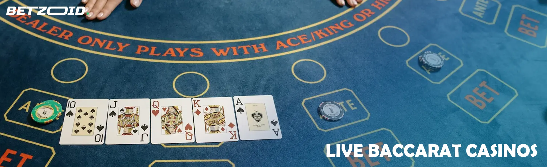 Baccarat table with cards and chips.