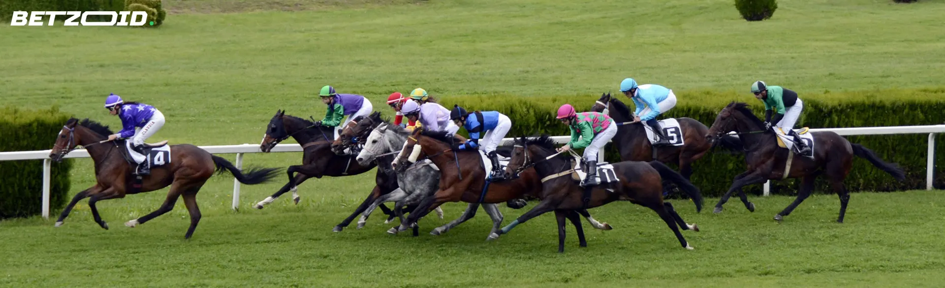 Jockeys on horses during horse races.