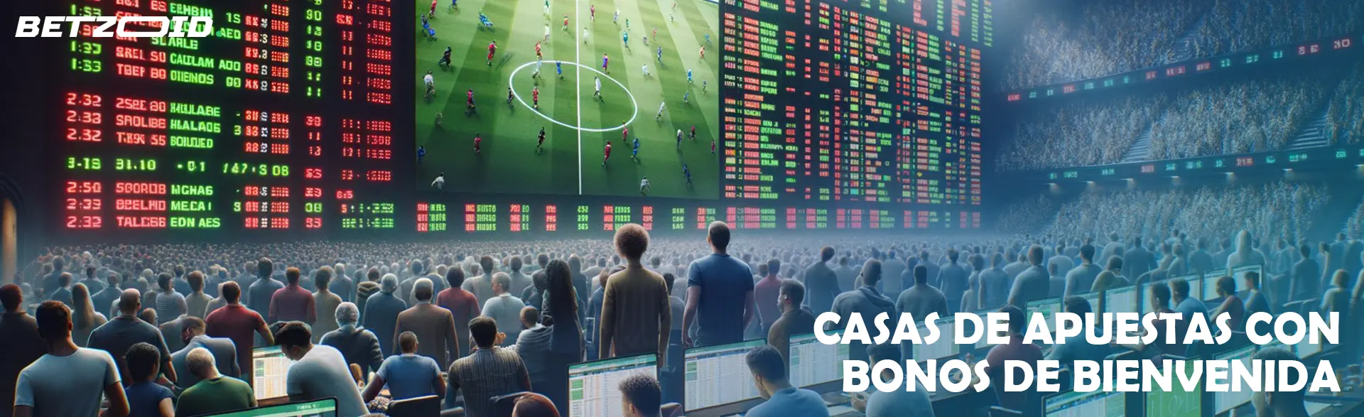 Multitud observando pantallas de apuestas deportivas en un estadio.