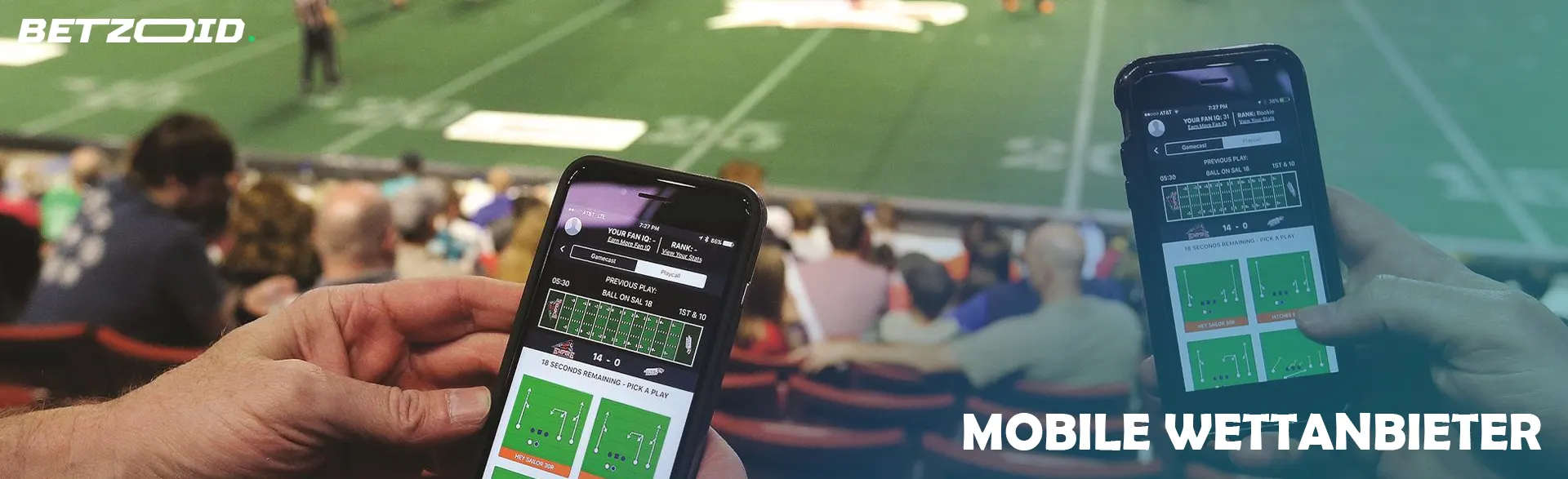 Auf der Tribüne halten Menschen Smartphones mit Wetten in der Hand.