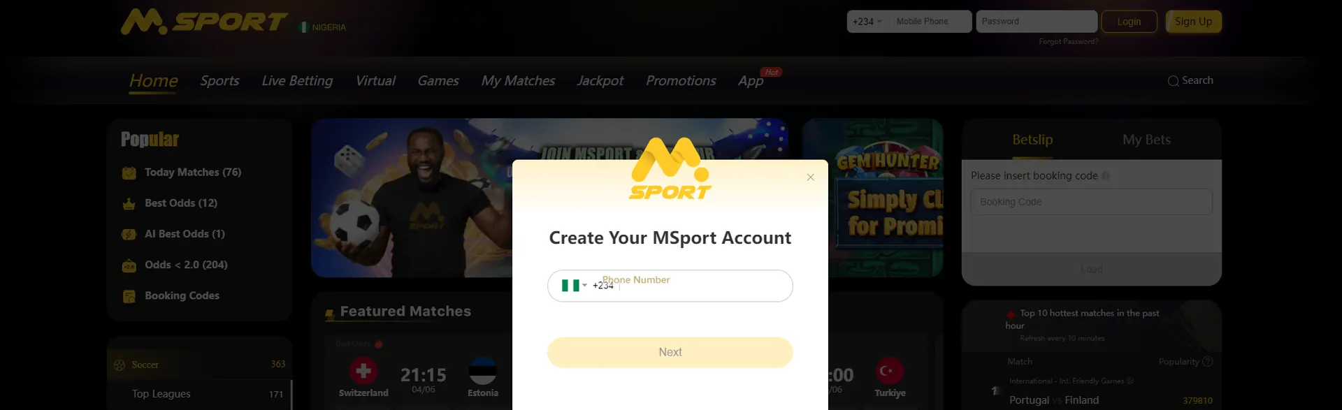 Page with registratuion form on Msport.