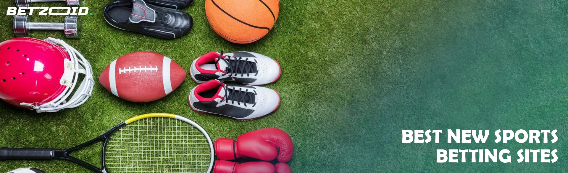 Different sports equipment lies on the grass.