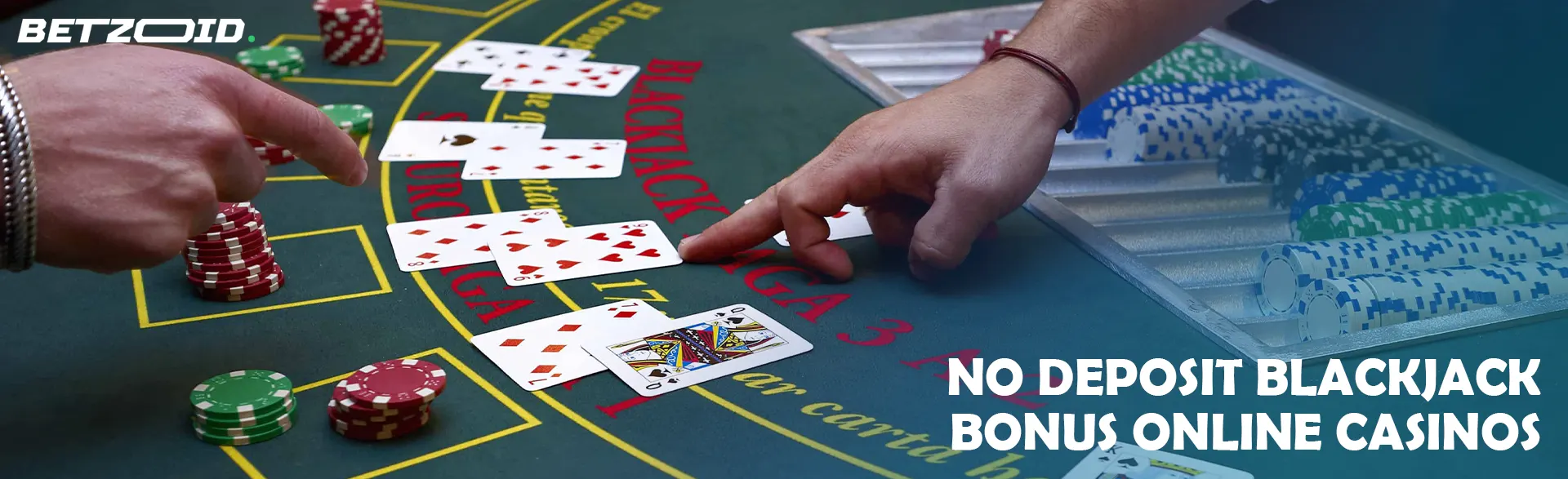 The player points to the cards laid out on the blackjack table.