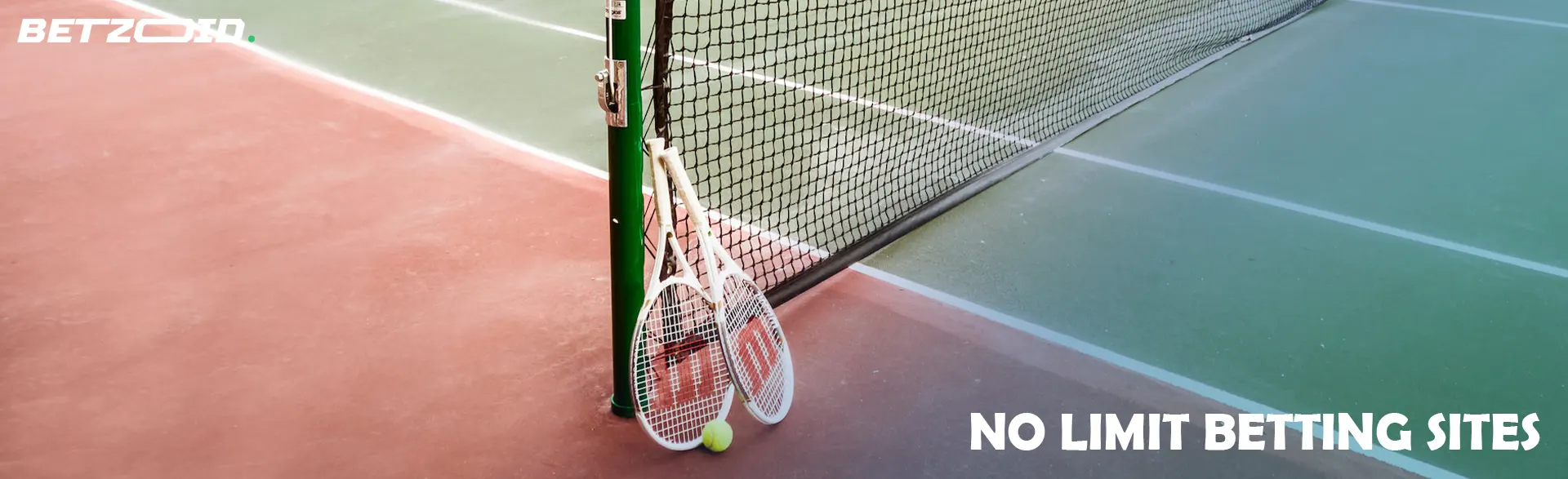 Two tennis rackets and a ball next to the net.