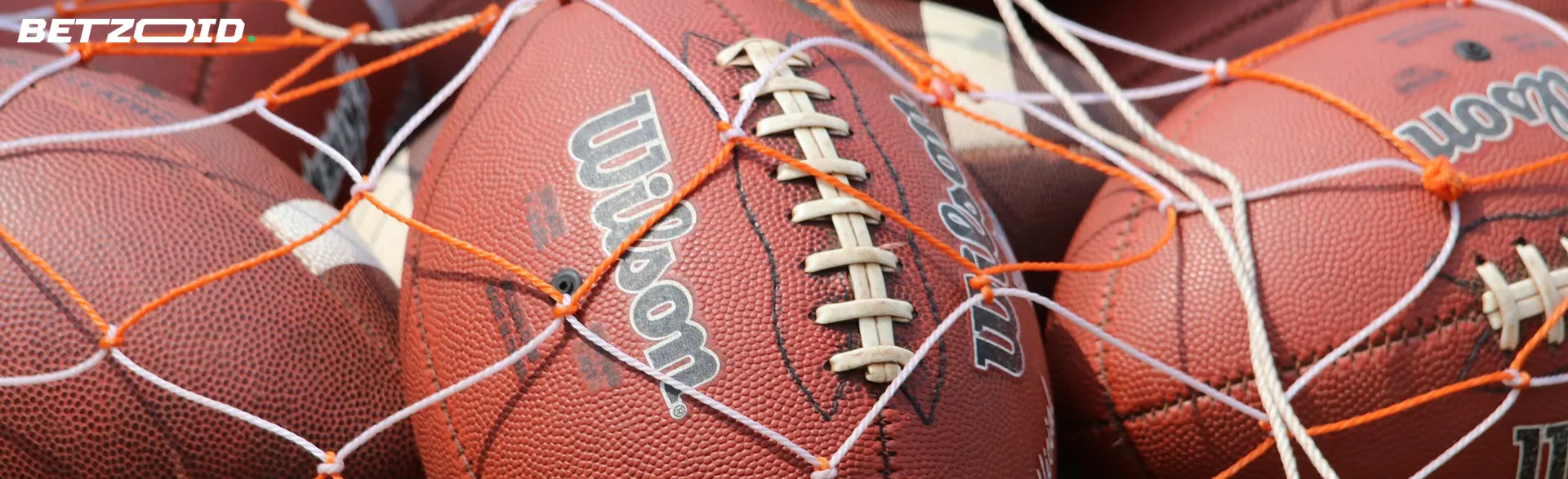 American football balls in the net.