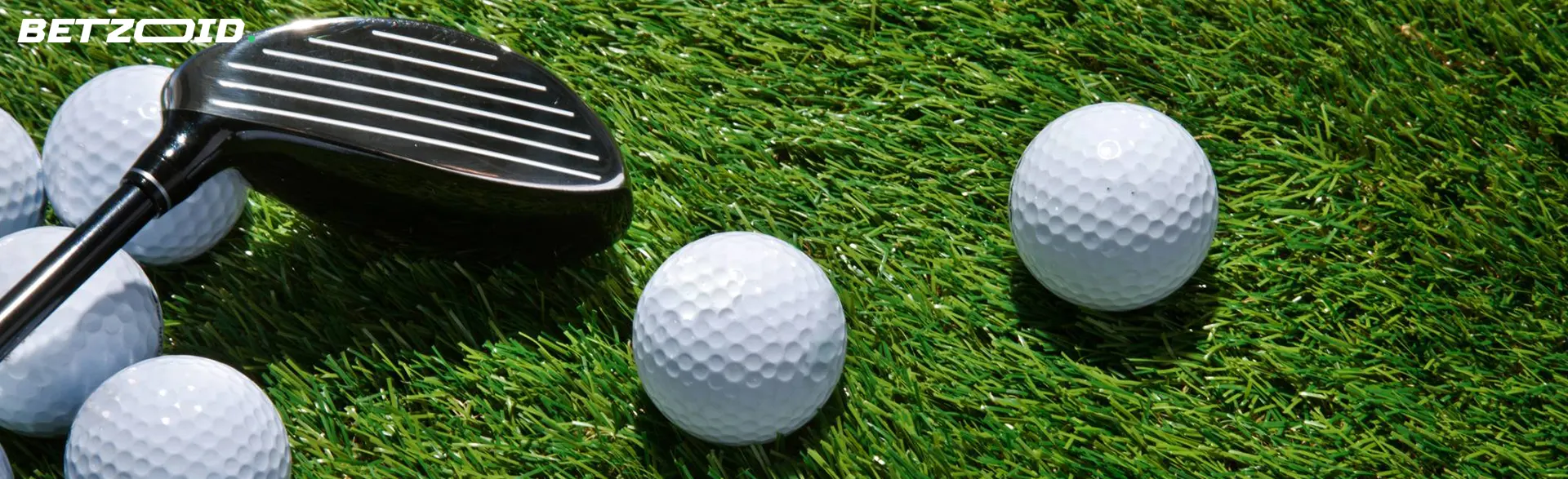 A golf club lies next to the balls on the grass.