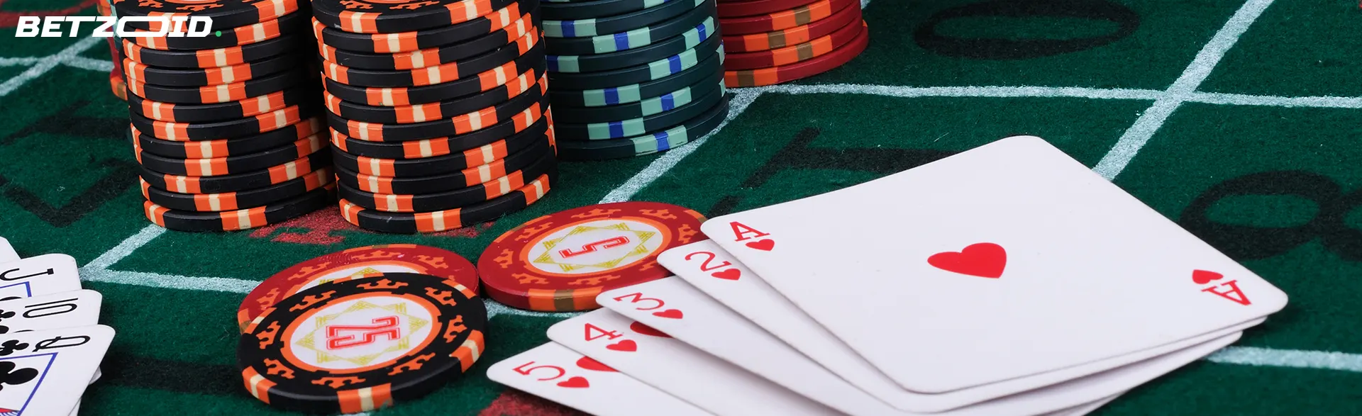 Cards and chips on the casino table.