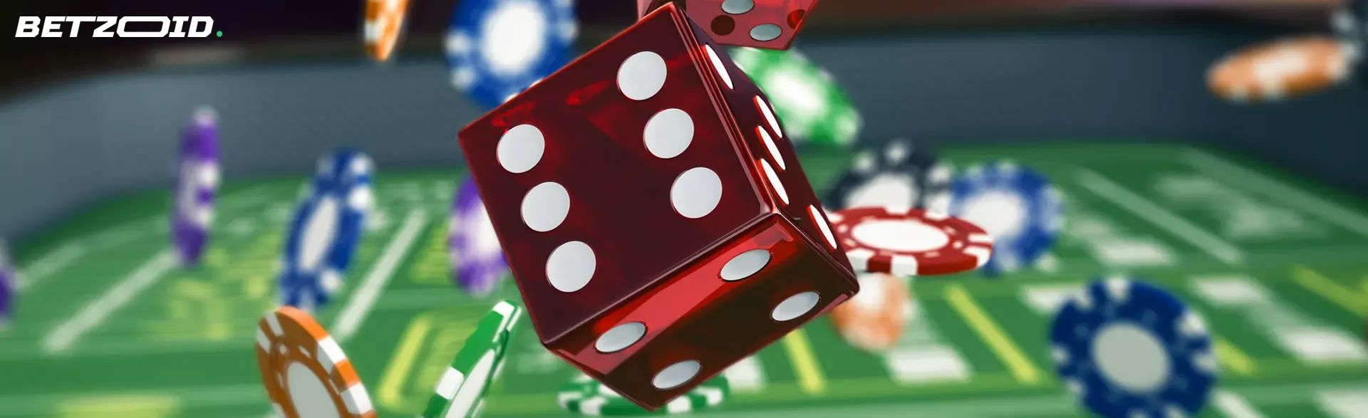 Red virtual dice and chips on a green table.